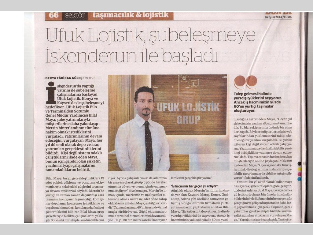 Ufuk Lojistik Şubeleşmeye İskenderun ile Başladı (Dünya Gazetesi)